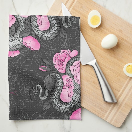 Schlangen und rosa Rosen Geschirrtuch (Viertel Falte)
