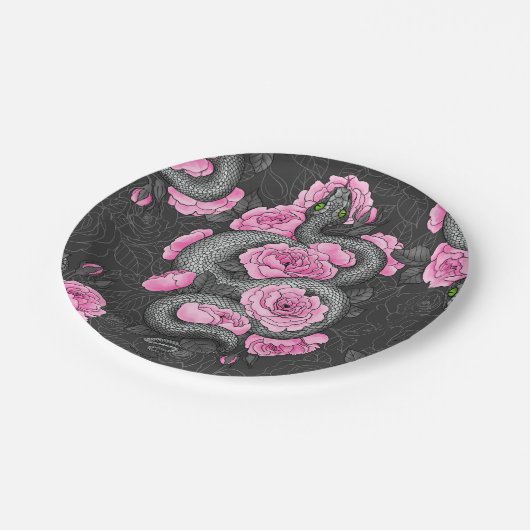 Schlangen und rosa Rosen Pappteller (Schrägansicht)