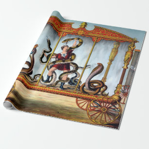 Schlangenbeschwörer im Vintage-Zirkus und eingespe Geschenkpapier