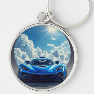 Schlankes blaues Sportauto unter einem lebendigen  Schlüsselanhänger