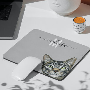 Schlaue Katze Aquarell‑Monogramm‑Name Mousepad