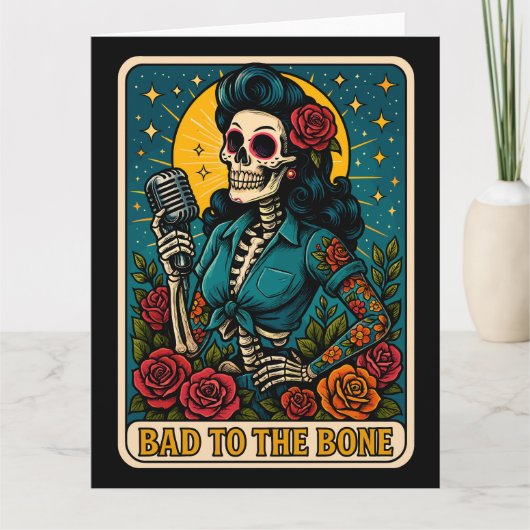 Schlecht an der Bone Retro Skeleton Singer Karte (Vorderseite)