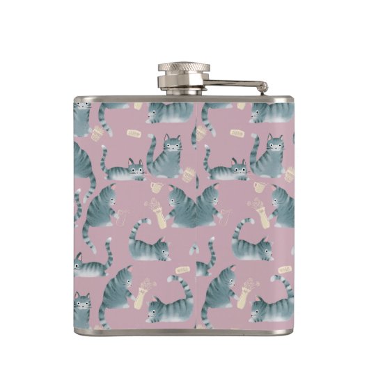 Schlechte graue Tablettenkatzen Knocken über und M Flachmann (Rückseite)