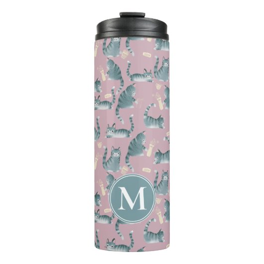 Schlechte graue Tablettenkatzen Knocken über und M Thermosbecher (Vorderseite)