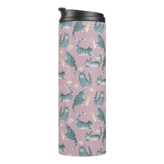 Schlechte graue Tablettenkatzen Knocken über und M Thermosbecher (Nach rechts gedreht)