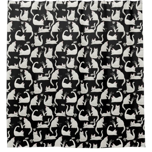 Schlechte Katzen klopfen vorbei, weiße Katzen auf Duschvorhang (Vorderseite)