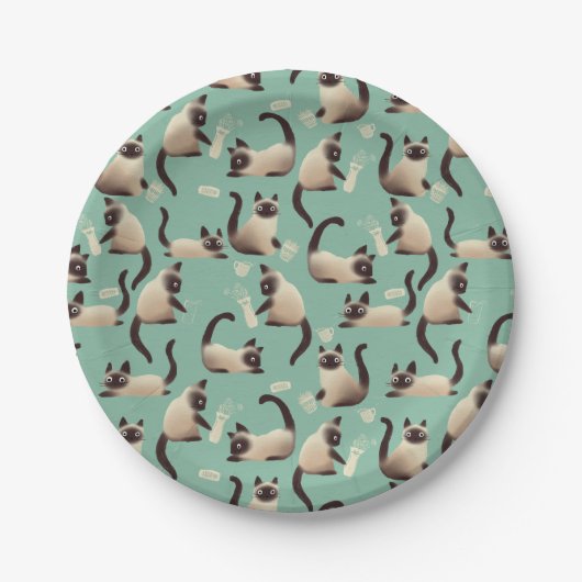 Schlechte siamesische Katzen klopfen über Pappteller (Vorderseite)