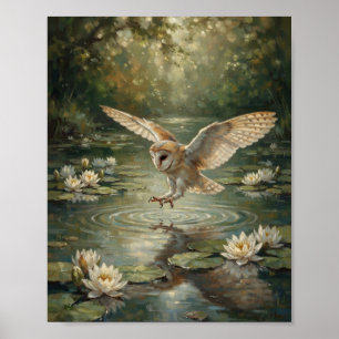 Schleiereule überfliegt Teichwasser Weiße Seerose Poster