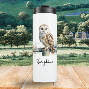 Schleiereule-Wasserfarben-Vogel-Illustration Perso Thermosbecher