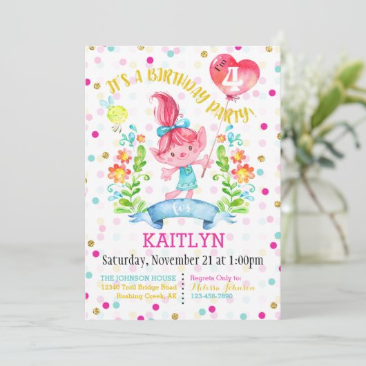 Schleppangel-Mädchen-Blumen-Ballon-vierter Einladung (Stehend Vorderseite)