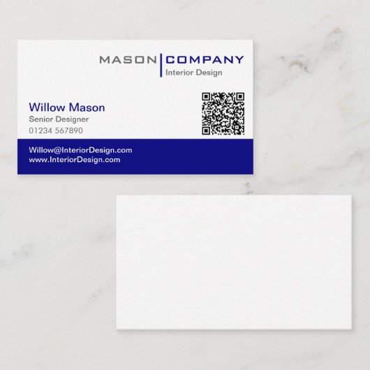 Schlicht Blue & White Stylish QR Code Business Car Visitenkarte (Vorne/Hinten)