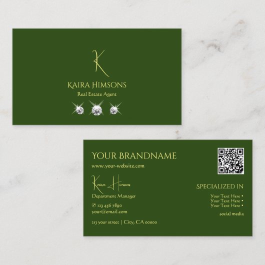 Schlicht Forest Green mit Monogram QRCode und Juwe Visitenkarte (Vorne/Hinten)