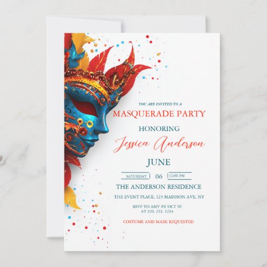 schlicht und elegant, weiß Masquerade Party Geburt Einladung (Vorderseite)