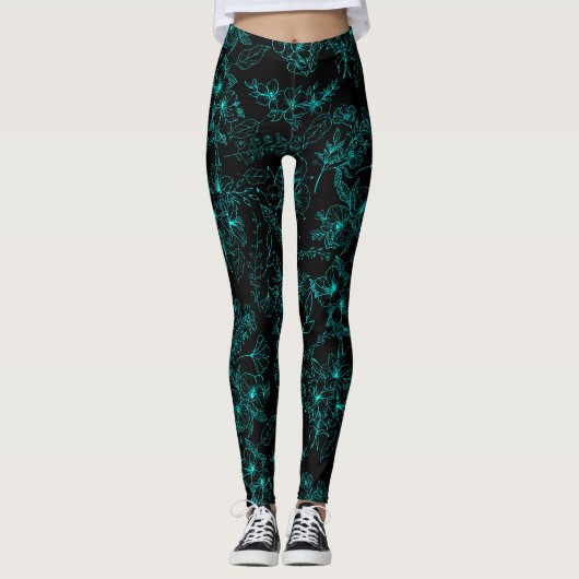 Schlichte Blume Muster 01b.Lblue Black BG Leggings (Vorderseite)