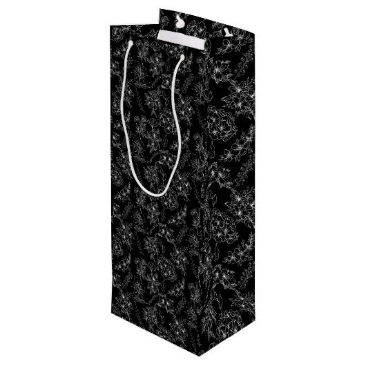 Schlichte Blume Muster 01b Schwarze BG Geschenktüte Für Weinflaschen (Rückseite Schrägansicht)