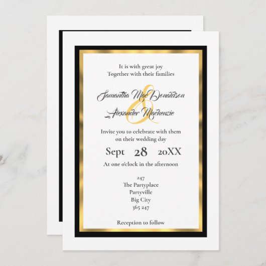 Schlichte, einfache Hochzeit in Schwarz und Gold Einladung (Vorne/Hinten)