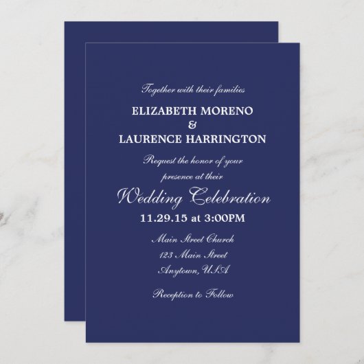 Schlichte Einladung zur Hochzeit in Navy Blue (Vorne/Hinten)