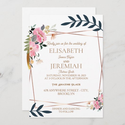 schlichte, elegante boho blumengoldene Hochzeit Einladung (Vorne/Hinten)