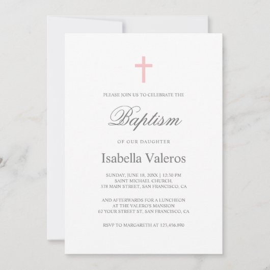 Schlichte elegante, einfache rosa Taufe Einladung (Vorderseite)