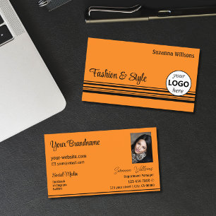 Schlichte orangefarbene Streifen mit Logos und Fot Visitenkarte