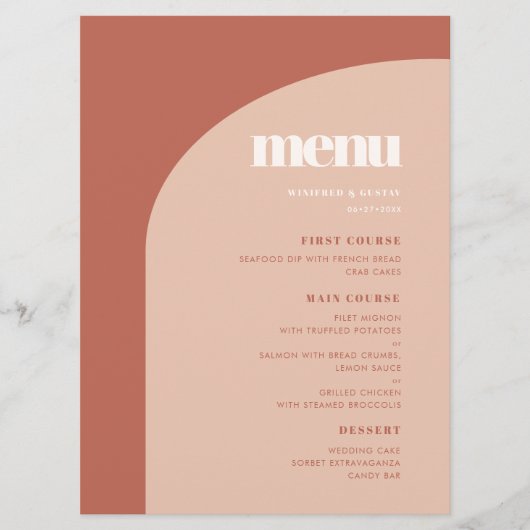 Schlichte, pfirsichfarbene Hochzeit Menükarte (Vorderseite)