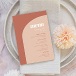 Schlichte, pfirsichfarbene Hochzeit Menükarte<br><div class="desc">Hochzeitsmenü. Minimalistisch und doch auffällig: adoptier dieses leicht Retro-elegante typografische Design für Ihr Hochzeitsgeschoss mit modernem Bogendesign und Terrakotta- & Bronzefarben. Vollständig anpassbarer Text,  Farben und Hintergrund.</div>