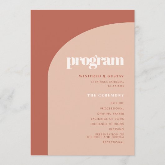 Schlichte, pfirsichfarbene Hochzeit Programm (Vorderseite)