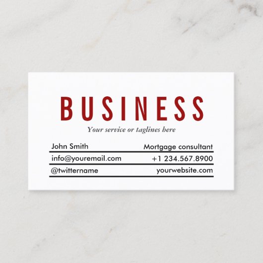 Schlichte Red Title Mortgage Agent Business Card Visitenkarte (Vorderseite)