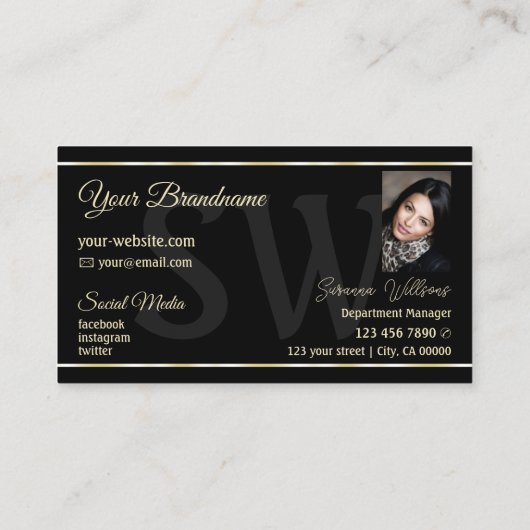 Schlichte schwarze goldene Streifen mit Monogramm Visitenkarte (Rückseite)