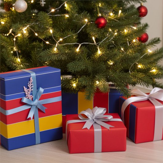 Schlichte, stilvolle Rot-Blau-Gelb- und Silberstre Geschenkpapier