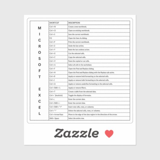 Schlichte Tastenkombinationen für Microsoft Excel- Aufkleber (Blatt)