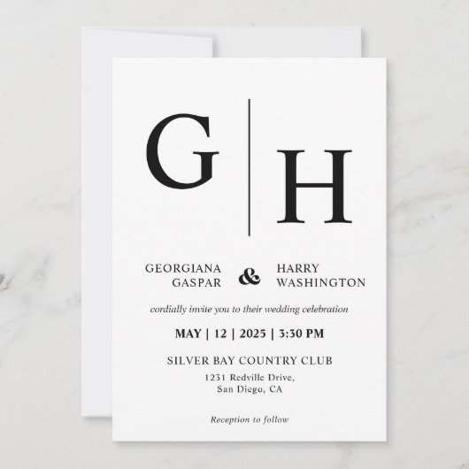 Schlichte und einfache Hochzeit in Weiß und Schwar Einladung (Vorderseite)