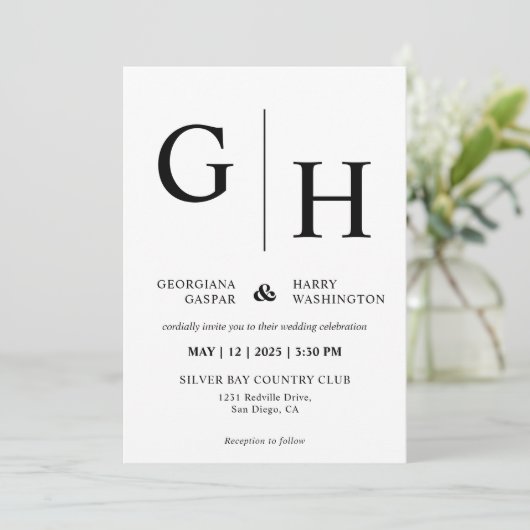 Schlichte und einfache Hochzeit in Weiß und Schwar Einladung (Stehend Vorderseite)