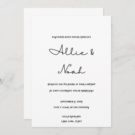 schlichte und elegante weiße Hochzeitskarte Einladung (Vorne/Hinten)