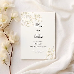 Schlichte, weißgoldfarbene Blüte Save the Date Einladung