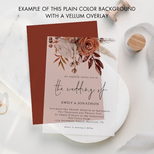 Schlichter Terracotta Hintergrund für Vellum Overl Einladung