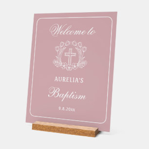Schlichtes Blumenkreuz auf rosa Taufe Willkommen Acrylschild