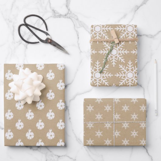 Schlichtes Braunpapier mit Weihnachtsdesigns Geschenkpapier Set (Vorderseite)