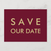 Schlichtes Burgund & Gold Save the Date Ankündigungspostkarte (Vorderseite)