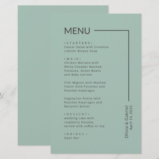 Schlichtes Hochzeitsmenü mit  Schrift (Vorne/Hinten)