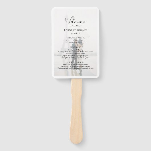 Schlichtes Schwarz-Weiß-Vellum-Foto-Hochzeitsprogr Fächer (Vorderseite)