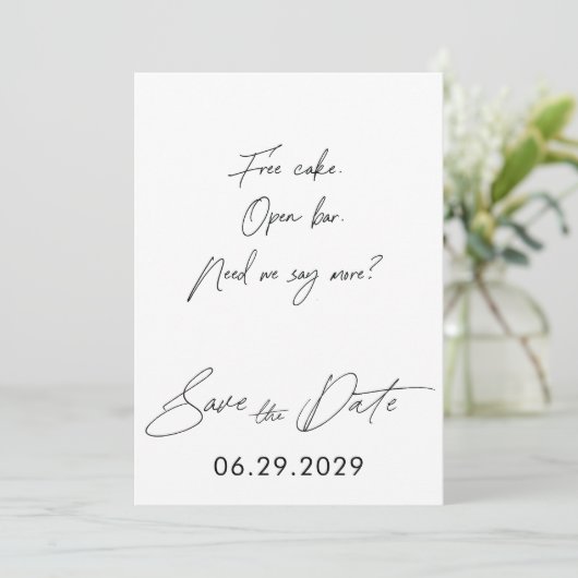 Schlichtes Skript Funny Save the Date Cards White (Stehend Vorderseite)