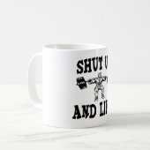 Schließen Sie und heben Sie Weightlifting an Kaffeetasse (Vorderseite Links)