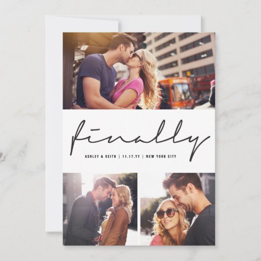 Schließlich Script Modern 3-Foto Hochzeitsdesign Save The Date (Vorderseite)