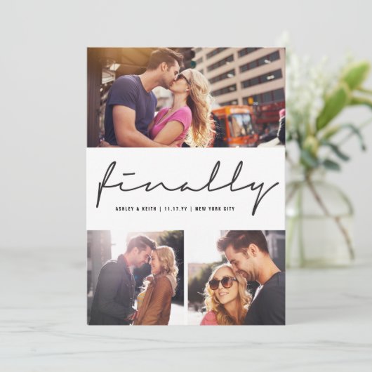 Schließlich Script Modern 3-Foto Hochzeitsdesign Save The Date (Stehend Vorderseite)