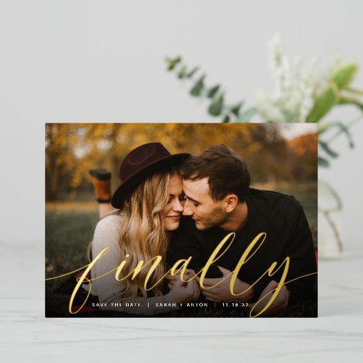 Schließlich | Vollständiges Foto Save the Date Folieneinladung (Stehend vorne)