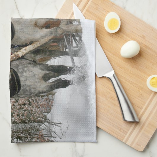 Schlitten+Reiten, Schnee, Wald, Pferd, Winter, Wei Geschirrtuch (Viertel Falte)