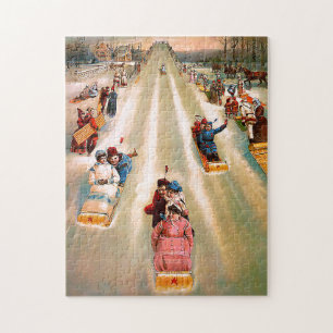 Schlittenfahrer im Winter in nostalgischer Darstel Puzzle