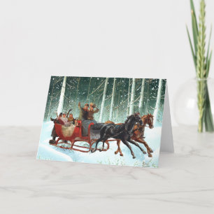 Schlittenfahrt im vintage Weihnachtswald mit Pferd Feiertagskarte