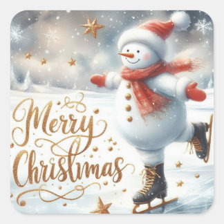 Schlittschuhlaufender Schneemann Frohe Weihnachten Quadratischer Aufkleber